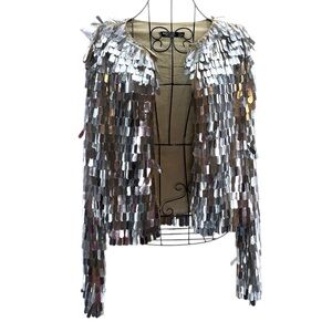 Nasty Gal Silver Metallic Disco Mirrored Sequin Cropped Jacket Women’s Size 6